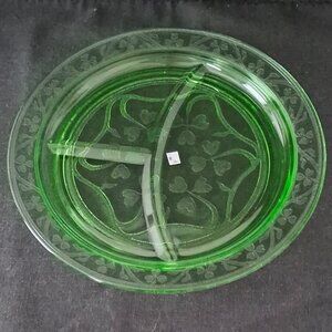 Vintage Depression Glass Hazel Atlas Green Cloverleaf 3 Part 10" Grill Plate #2